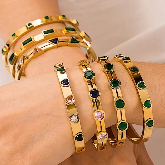 Gold Plated Emerald Zircon Bangle Bracelet - Picture 2 of 4